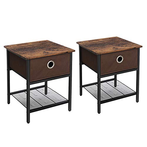 VASAGLE End Table, Nightstand, Steel Frame, Living Room Bedroom, Easy Assembly, 2-Pack, Chestnut Brown and Black