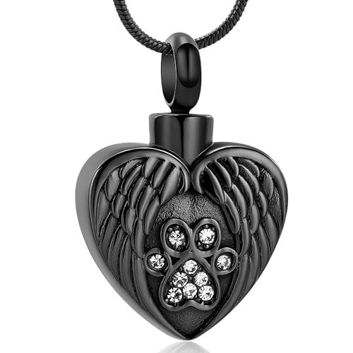 VCCWYQK Cremation Jewelry Urn Necklace for Ashes for Pet Dog Paw Print Angel Wing Heart Urn Locket Pendant for Dog/Cat (Black)