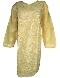 Women's Indian Tunic Dress Floral Embroidered Yellow Cotton Kurta Caftan XXL