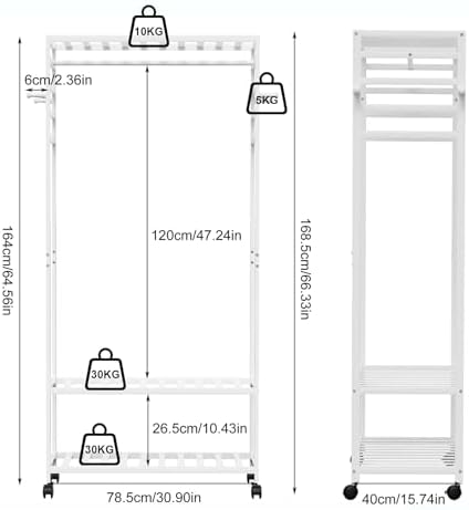 Porte Vêtements sur Pieds Roulant Blanc: Armoire Ouverte Penderie Bambou Porte Manteau et Chaussures avec 1 Barre et 4 Patères Idéal pour Maison Salon Chambre Entrée - 78x41x169cm