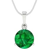Clara Pucci 14K White Gold Plated Solitaire 18" Box-Chain Necklace - Sterling Silver 2ct Round Cut Emerald Pendant