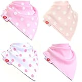 Zippy Fun Baby and Toddler Bandana Bib - Absorbent 100% Cotton Front Drool Bibs with Adjustable Snaps (4 Pack Gift Set) Girls Pink and White
