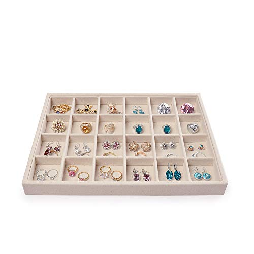 Oirlv Stackable Linen Jewelry Tray Adjustable 24 Grid Jewelry Storage Case for Drawer or