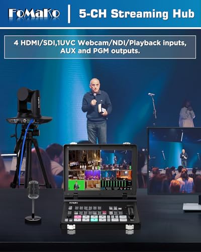 FoMaKo M6 4K HDMI Video Mixer, 10.1 Inch Full HD LCD Screen, 5 Channel Live Broadcast Switch, 4K 60 IPS Input, 1080P 60 IPS Output, SDI+HDMI Video Switch