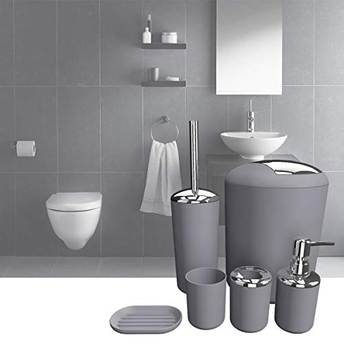 TEKITSFUN Grey Bathroom Accessories Set, 6 Pieces Plastic Gift Bath Accessory Sets Luxury Ensemble Includes Toothbrush Holder,Toothbrush Cup,Soap Dispenser,Soap Dish,Toilet Brush Holder,Trash Can