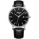 SONGDU Men's Ultra-Thin Quartz Analog Date Black Dial Leather Strap Wrist Watch