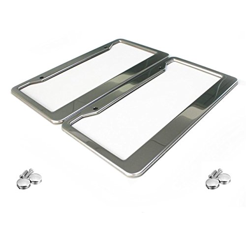 Lumenon License Plate Frame Stainless Steel Polished 2 Pack with Two Holes and Chrome Screw Caps