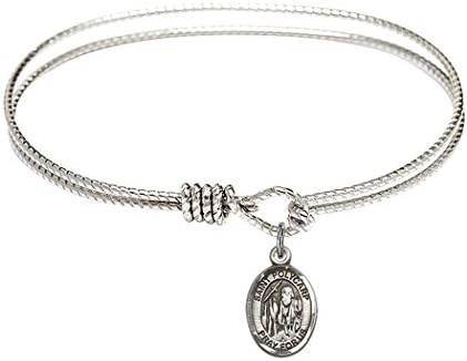 Rhodium Plate Oval Eye Hook Textured Bangle Bracelet with Saint Polycarp of Smyrna Petite Charm, 7 1/4 Inch