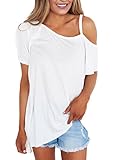 OURS Womens One Off Shoulder Short Sleeve Tops Asymmetrical Hem Loose Fit T Shirts Blouses (White, XL)