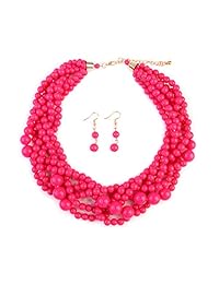 RIAH FASHION Braided Chunky Cluster Bead Bubble Statement Necklace - Multi Strand Twisted Colorful Twisted Ball Hammock Bib Collar Acrylic, Sparkly Crystal