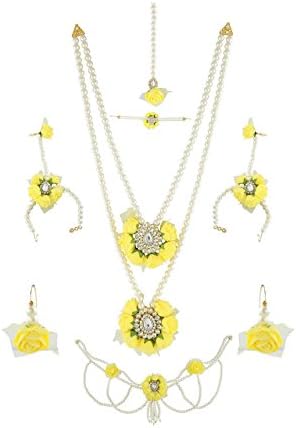 Anuradha Art Baby Yellow Colour Double Layer Styled With Beads Studded Shimmering Stone Flower Jewellery Bridal/Bride full set For Women/Girls