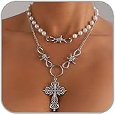 ANGLEQUEEN Gothic Cross Necklaces Layered Pearl Beads Cross Pendant Necklaces Punk Vintage Cross Chain Necklace Chunky Cross Necklace Gothic Halloween Jewelry for Women