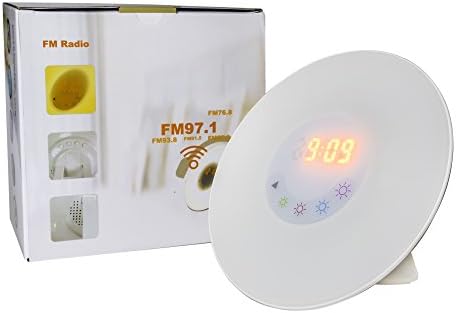 Clock radio Wake Up Light with Colored Sunrise Simulation Alarm Clock, Atmosphere Lamp, Bedside Lamp Nature Sounds, FM radio and USB Charger, Touch Control