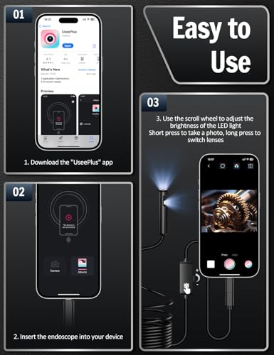 Dual-Lens Ferdiiz Endoscope Inspection Camera, 1920P HD Borescope Camera, 32.8ft Semi-Rigid Snake Endoscope, IP67 Waterproof Drain Pipe 8 Adjustable LEDs Borescope, Man's Gadgets Tool, iOS9+ Android6+