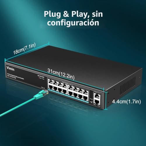 VIMIN 16 Port Gigabit PoE Switch with 2 Gigabit Uplink Port, 18-Port Unmanaged PoE Ethernet Switch with 250W Power, IEEE802.3af/at Support, VLAN, Metal Housing