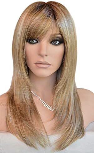 MIKWIG Straight Blonde Wigs Ombre Dark Root Layered High Dentistry Synthetic Hair Replacement Wigs for Women with Inclined Bangs 22 Inch (T/Blonde)
