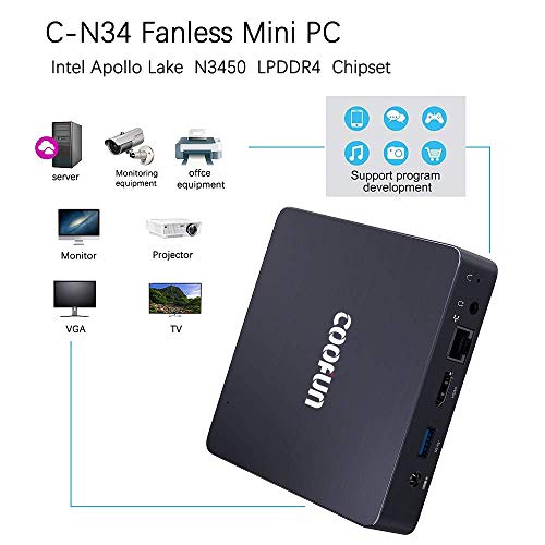 COOFUN Fanless Mini PC 4GB LPDDR4/ 64GB eMMC Windows 10 Quad Core Intel Celeron N3450 Processor Desktop Computer HDMI/VGA Port Support 2242 SSD,BT 4.2,3X USB 3.0,Auto Power on,Linux