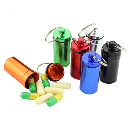 Set of 6 Aluminum Metal Pill Box Case Organizer with Keychain Outdoor Medicine Bottle Key Ring