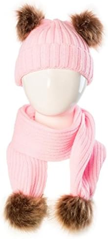 Hatop Baby Double Pom Pom Beanie Warm Winter Hats+ Scarf Set for 0-36 Month Old