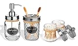 Bsicpro Mason Jar Bathroom Accessories Set(4 Pcs) -Lotion Soap Dispenser &Cotton Swab Holder Set &Toothbrush Holder-Rustic Farmhouse Decor Apothecary Jars Vanity Organizer (Silver)
