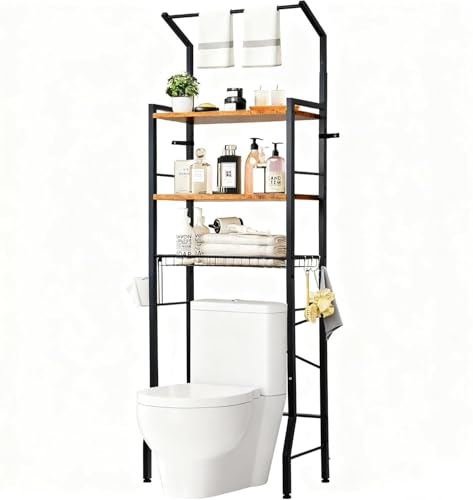 LOKOOY Estantería sobre el Inodoro, Organizador de Baño de 7 Niveles Ajustable, Mueble para Inodoro, Ahorro de Espacio con Ganchos (Negro rústico)