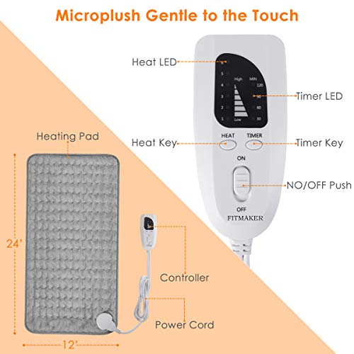 Heating Pad with Fast-Heating Technology, 6 Temperature Settings & Machine Washable, Ultra-Soft Heat Therapy Pad for Cramps/Back/Knee/Neck and Shoulders (12" x 24") (Grey)