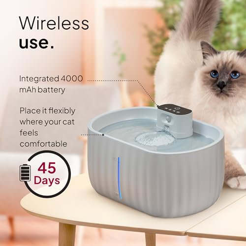 Pretty Paw Wireless Cat Fountain with Motion Sensor - Drinking Fountain for Cats with 45 Days Battery - Water Fountain for Cats with Filter and 3 Litre Water Tank - Aqua Sense (Grey)