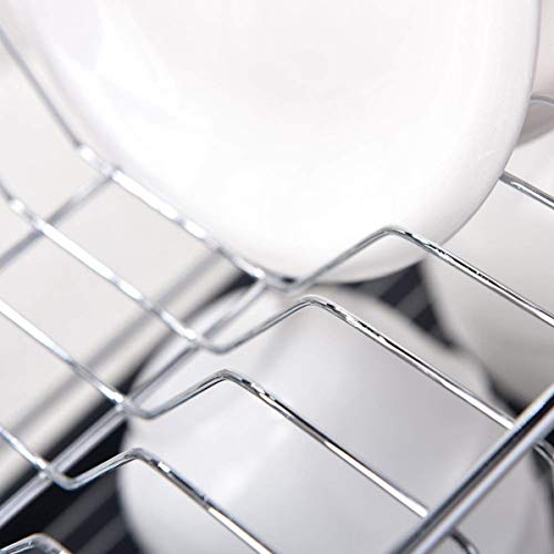 ENGELCH Rust-Proof Chrome Finished 2-Tier Kitchen Dish Drying Rack, Dish Rack With Black Drain Board, 1 Wide Tableware Rack and Knife Holder Accessory, 6 Independent Cup Holder Accessories