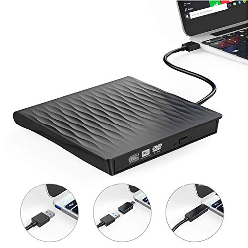 External DVD Drive, USB 3.0 USB C Dual Port Portable External CD DVD Rewriter Burner Writer, High Speed Data Transfer Optical Drives for Laptop/Macbook/Desktop/Win10/8/7 (Black with Type C Adapter)