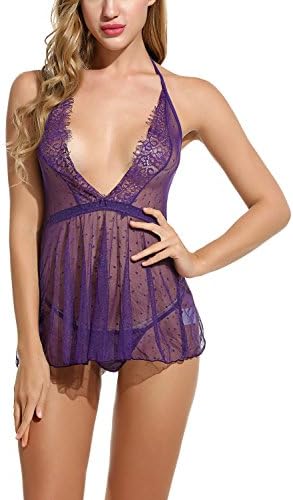 Dethler Women Deep V Halter Babydoll Mini Dress Transparent Sexy Lingerie Mesh Chemise Sleepwear