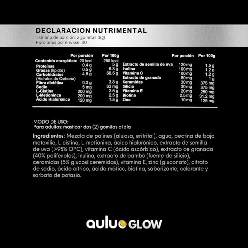 AULUO GLOW | HAIR SKIN & NAILS | Gomitas con Ácido Hialurónico, Biotina, Ceramidas y Antioxidantes para Piel, Cabello y Uñas | Veganas, Sin Azúcar, Endulzado con alulosa | 60 Gomitas de Pectina