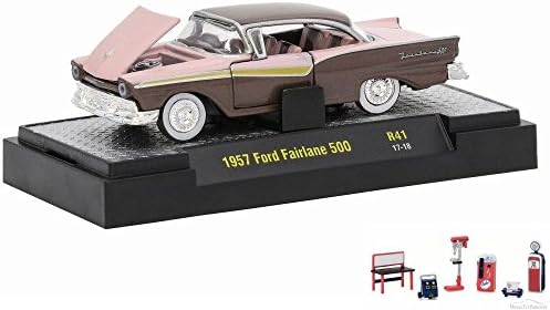 Diecast Car & Chevron Shop Tools Package - 1957 Ford Fairlane 500, Brown w/ Pink Trim - M2 Machines Auto-Thentics 32500-41 - 1/64 Scale Diecast Model Toy Car w/Chevron Shop Tools
