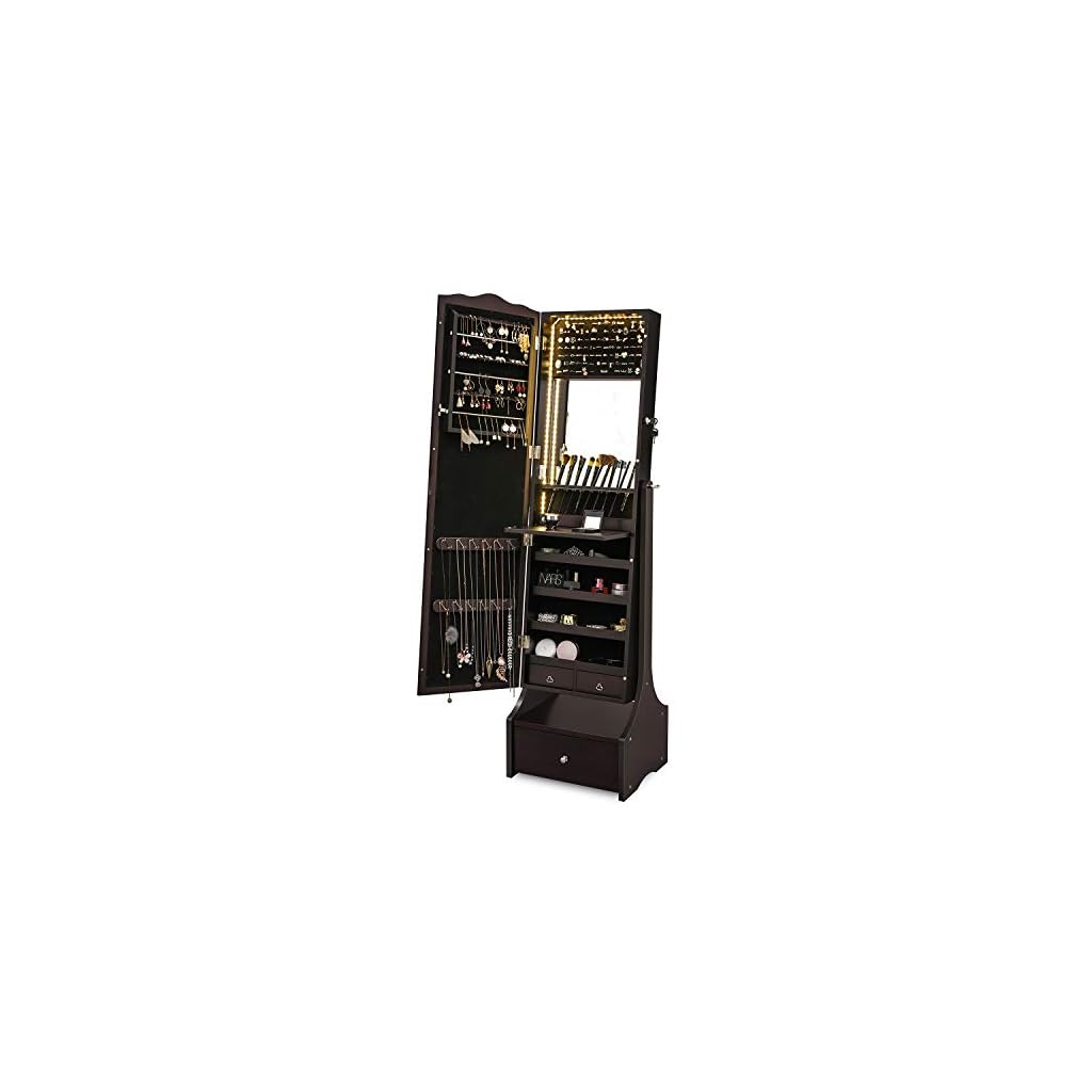 SONGMICS LED Jewelry Lockable Jewelry Armoire with Full Length Mirror, Makeup Tray and