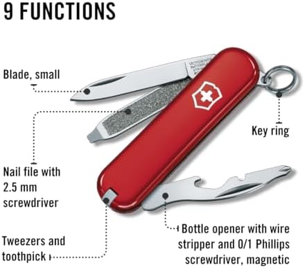 Schweizer Taschenmesser Rally, Mini für Schlüsselanhänger, Swiss Army Knife, 9 Funktionen, Klinge, Phillips-Schraubendreher 0/1