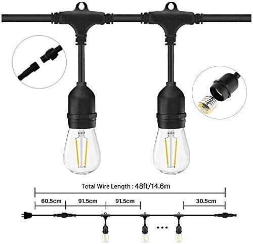 Lichtketting gloeilamp LED retro, 48ft IP65 waterdicht 15 2W LED-lampen E27 op warm wit 2700K verlichting met netvoeding… - Afbeelding 3