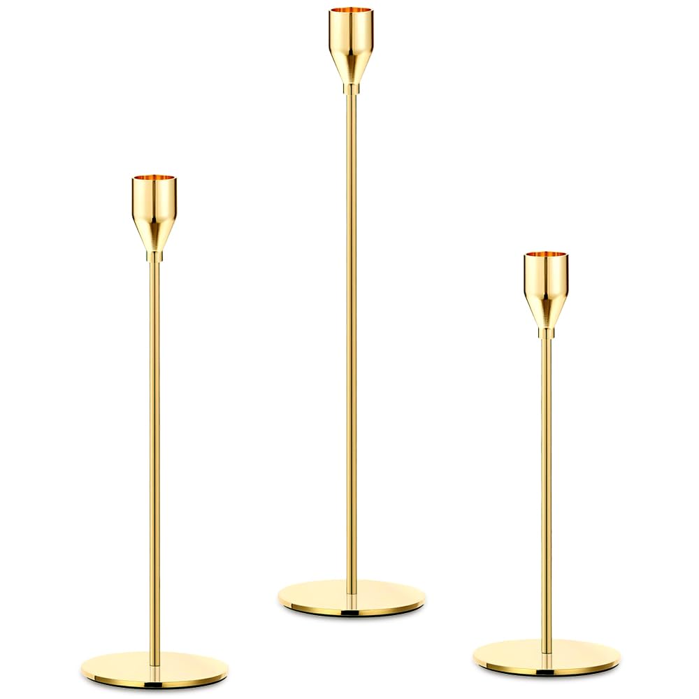 3 Pcs Candle Candlestick Holders, Imitation Gold Table Candle Holders Stands Vintage, Tapered Candle Pillar Holders for Fireplace, Living Room, Dinning Table, Wedding Ornaments Decorations