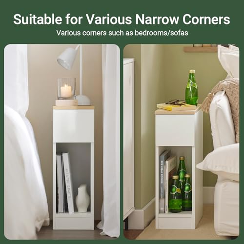 SoBuy Narrow Nightstand Set of 2 - Small Side Table End Table Bed Side Table Nightstand Storage Cabinet - Compact Modern Wood Design with Drawer and Shelf for Bedroom Living Room Decor