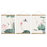 3 Panel Hanging Poster with Wood Frames Lotus Canvas Artwork Wall Picture Home Decoration - 18
