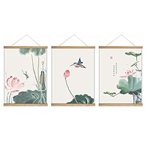 3 Panel Hanging Poster with Wood Frames Lotus Canvas Artwork Wall Picture Home Decoration - 18"x24"x3 Panels