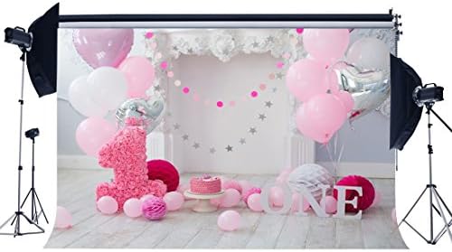 Gladbuy Vinyl 5X3FT Girl's 1st Birthday Backdrop Sweet Baby Cake Smash Backdrops Stripes Wood Floor Paper Flowers Balloons Photography Background for Princess Interior Party Photo Studio Props BL08