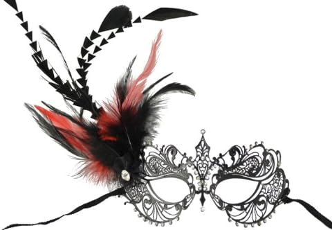 NEW Classic Venetian Intricate Design Swan Inspired Laser Cut Masquerade Mask - Elegantly Detailed and Decorated with Red and Black Feathers