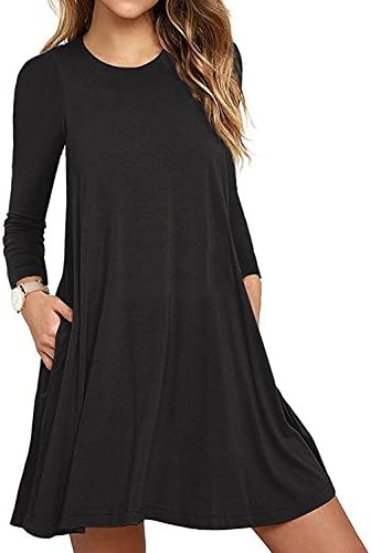 Aserlin Women's Long Sleeve Pocket Casual Loose T-Shirt DressBlack-M