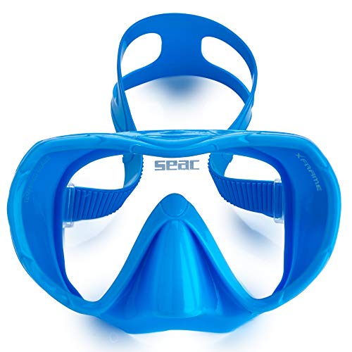 SEAC Frameless Snorkel Set for Men and Women | Comfortable Adjustable, Frameless Mask Made from Clear Tempered Glass | Dry Snorkel with Bottom Purge Valve | Snorkeling and Freediving Gear - Blue