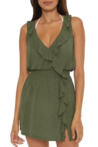 Becca Women's Standard Breezy Basics Dress, Ruffle Neck, Beach Cover Ups, Cactus