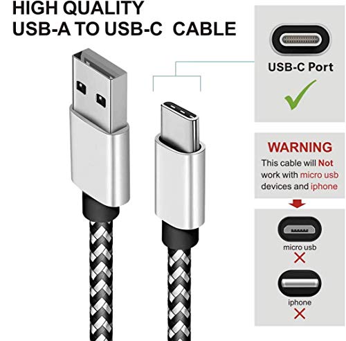 USB Type C Cable 6ft for LG Stylo 6 5 4 G6 G7 G8 Samsung Galaxy S20 S10 S10e S9 S8 Note 10 9 8 Plus USB-A to USB-C Android Braided Fast Charging Cord White 2Pack