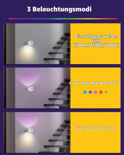 2er LED Wandleuchte Innen Akku – Kabellos RGB Wandlampe Weiß – Touch Dimmbar mit Fernbedienung – Aufladbar Spots zum Kleben Ohne Bohren Ohne Strom für Bett Treppenhaus Bild AURI WL01