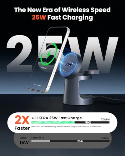 GEEKERA 25W 3-en-1 Estación de Carga con Luz Nocturna, Cargador Rápido Portátil Compatible con MagSafe para iPhone Air/17/16/15/14/13/12, Apple Watch 2-11, AirPods, incluye Adaptador GaN 45W, Gunmetal