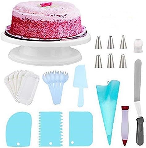 Cake Turntable Set Kit,25 Baking Accessories with Russian Piping Tips,Cake Turntable Rotating Stand,Icing Smoother,plate,fork,Cake Spatula,Silicone Pastry Bags,Cake Pen,Icing Spatula By Meleg Otthon