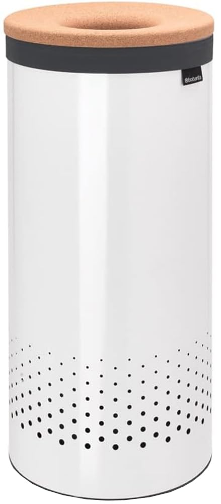 Brabantia - Laundry Bin - Cork Lid - Portable Laundry Bag Inside - Quick-drop Opening - Basket with Ventilation Holes - Non-Scratching Bottom - Corrosion Resistant - White - 35L