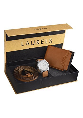 Laurels Mens Combo of Leather Wallet, Watch and Belt (White)